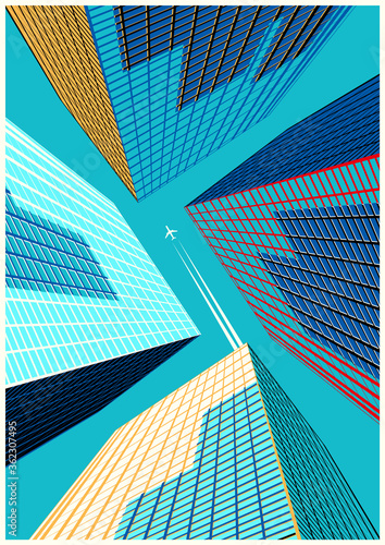 Modern City Perspective View Poster, Business Downtown Illustration, Skyscrapers, Sky, Flying Plane 