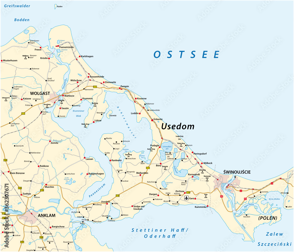 Obraz premium Road vector map of the Baltic Sea island of Usedom in German language, Germany, Poland
