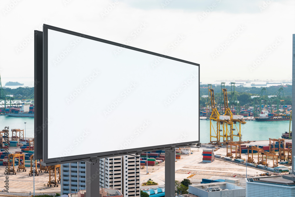 Blank white road billboard with Singapore cityscape background at day time. Street advertising poster, mock up, 3D rendering. Side view. The concept of marketing communication or sell idea. Blank white road billboard with Singapore cityscape background at day time. Street advertising poster, mock up, 3D rendering. Side view. The concept of marketing communication or sell idea.
