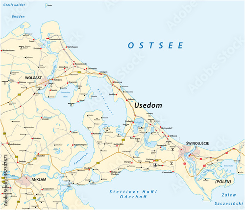 Road vector map of the Baltic Sea island of Usedom in German language  Germany  Poland