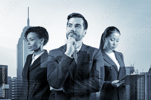 Photography Group of three business colleagues in suits working and dreaming about new career opportunities after MBA