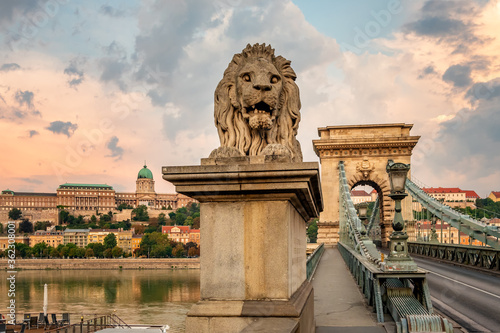 Chain bridge on Danube river at sunrise in Budapest, Hungary