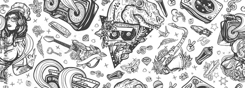Hip hop girl, swag woman. Tyrannosaur, dj vinyl, boom box, rock guitar, saxophone. Retro music seamless pattern. Funny pop culture musical background. Street lifestyle. Old school tattoo art