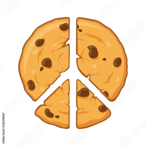 Chocolate chip cookies peace sign. Original cookies cartoon vector illustration isolated on white background. Cracked and broken cookies.