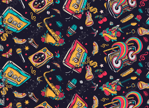 Hip hop art. Old school music. Seamless pattern. Audio type dances break dance. Funny background. Retro musical street culture. Boom box, vinyl, microphone, saxophone and guitar
