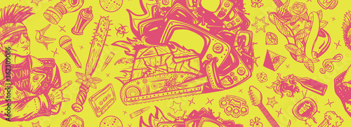 Punk rock music. Protest concept. Seamless pattern. Punker with mohawk hairstyle, audio type, bulldozer. Electric guitar. Anarchy. Consumer society. Street culture musical art. Hooligans lifestyle