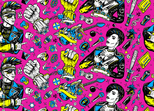 Punk and rock music seamless pattern. Punker with mohawk hairstyle, rock woman, guitarist girl. Hooligans lifestyle. Street culture concept. Electric guitar. Anarchy art. Old school tattoo style