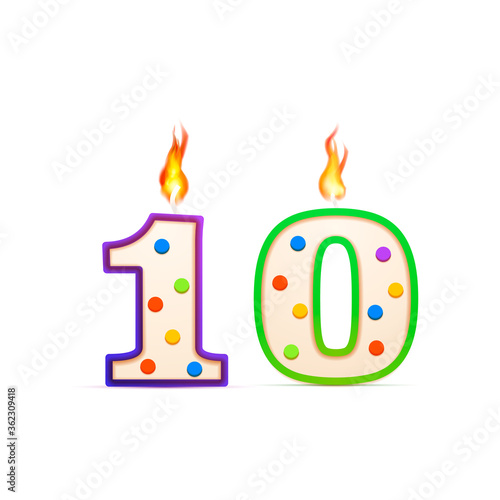 Ten years anniversary, 10 number shaped birthday candle with fire on white