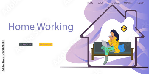 Freelance, work at home, Creative landing web page design template banner. Working space landing page vector template. Web page template with young woman working at home.flat style for poster, banner