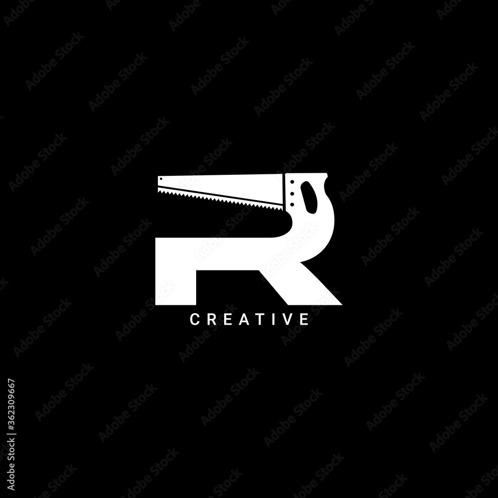 Hand saw concept simple flat R letter logo design Hand saw concept simple flat R letter logo design