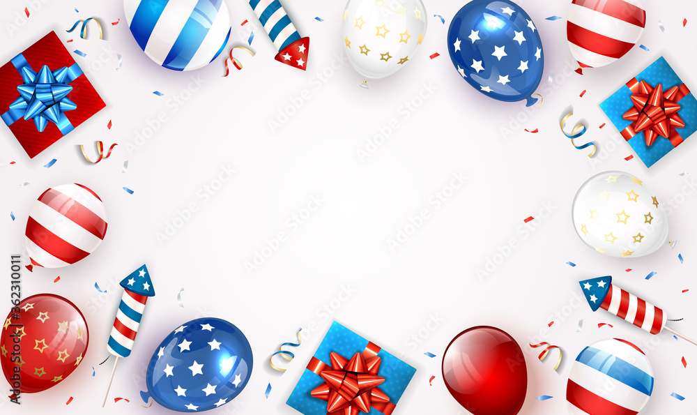 Obraz premium White Background with Balloons and Independence Day Fireworks