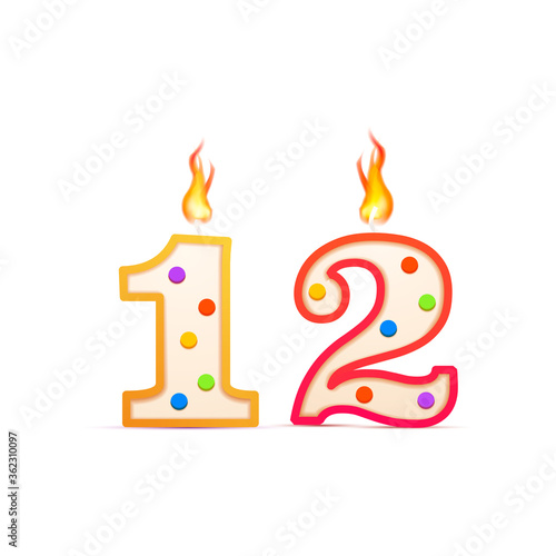 Twelve years anniversary, 12 number shaped birthday candle with fire on white