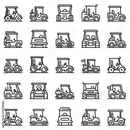 Golf cart icons set. Outline set of golf cart vector icons for web design isolated on white background