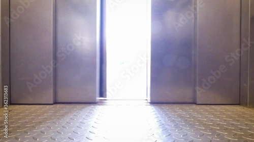 Lift doors opening onto cycle network at the pedestrian tyne tunnel Jarrow to Hebbon photo