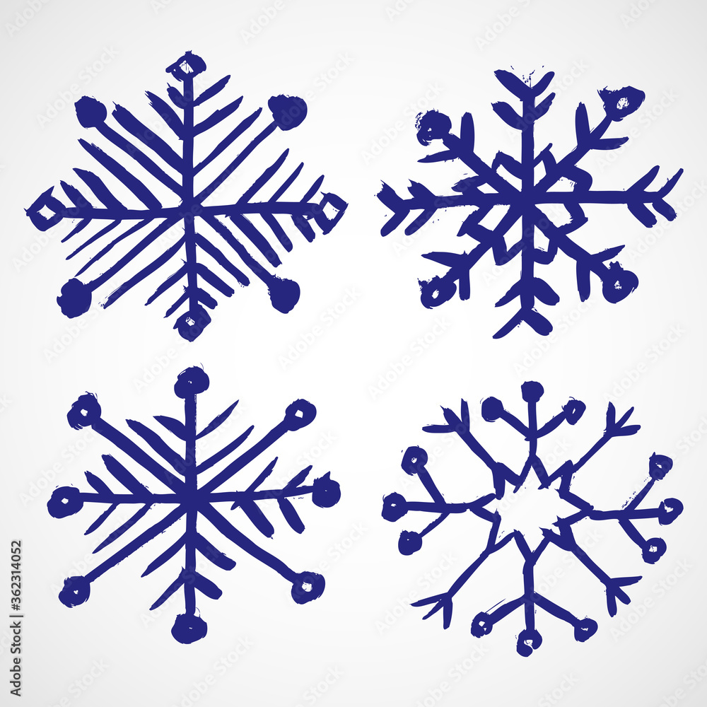 Grunge snowflakes. Four color grunge snowflakes on the white background. Vector illustration. Grunge snowflakes. Four color grunge snowflakes on the white background. Vector illustration.
