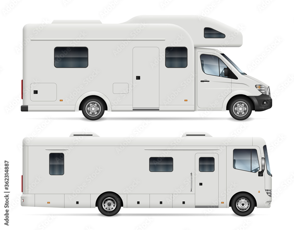 Motorhome side view vector mockup on white background for vehicle branding, corporate identity. All elements in the groups on separate layers for easy editing and recolor.