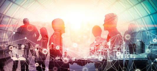 Creative image of many business people conference group meeting on city office building background showing partnership success of business deal. Concept of teamwork, trust and agreement.