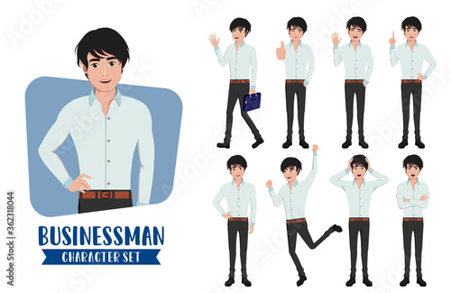 Businessman young character vector set. Business man characters in different standing pose and gestures for handsome male office employee staff collection design. Vector illustration