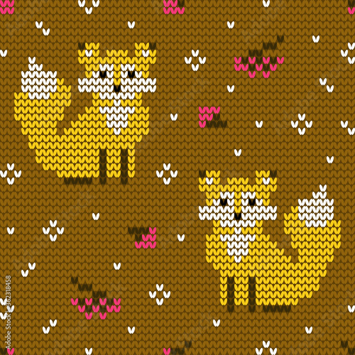 Jacquard knitted seamless pattern with foxes and rowanberries. Winter background with nature and animals. Scandinavian style. Vector illustration.