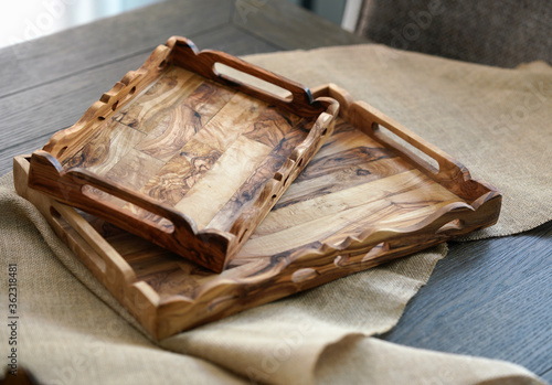 Wooden handmade trays on the table. Say no to plastic. Eco concept