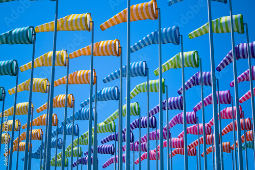 Colorful windbags at the port in Nieuwpoort indicating the wind direction