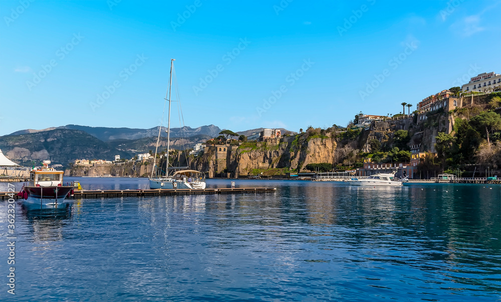 A view across the marina Piccola towards the cliffs in Sorrento, Italy