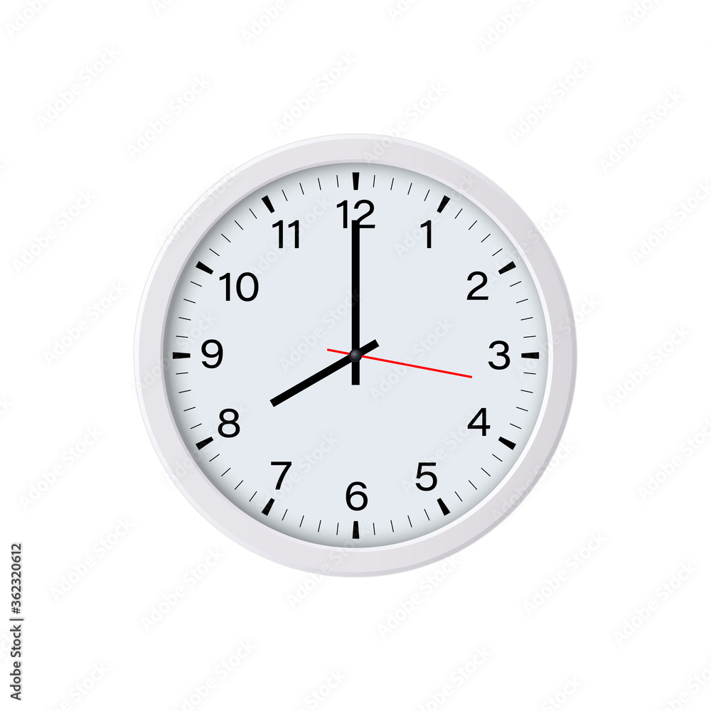 Round white clock isolated, 8 o'clock. Vector illustration Round white clock isolated, 8 o'clock. Vector illustration