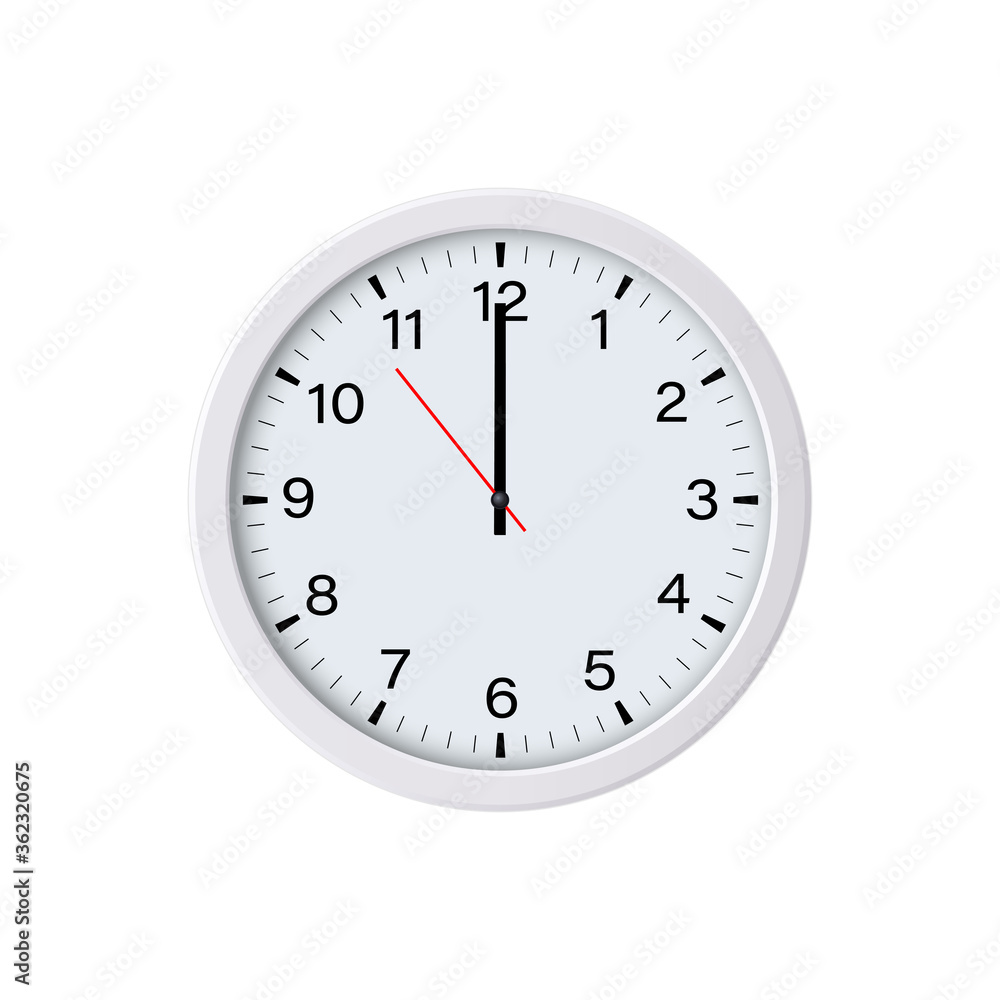 Circle clock isolated on white background. 12 o'clock. Vector