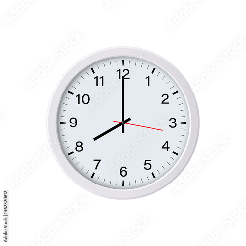 Round white clock isolated, 8 o'clock. Vector illustration