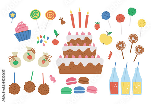 Vector birthday desserts set. Cute b-day clipart pack with cake, candles, cupcakes, cake pops, jelly beans. Funny sweets illustration for card, poster, print design. Bright holiday concept for kids. .