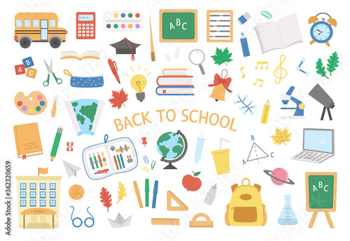 Back to school vector set of elements. Big educational clipart collection. Cute flat style classroom objects with supplies, school building, bus, subject icons, books, stationery..
