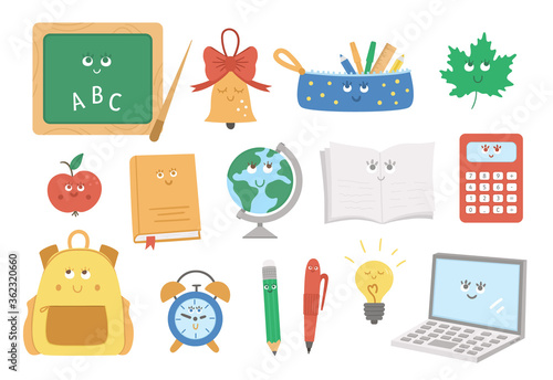 Back to school kawaii vector set of elements. Educational clipart collection with cute flat style smiling objects.  Funny schoolbag, pencil, alarm, bell, apple illustration for kids..