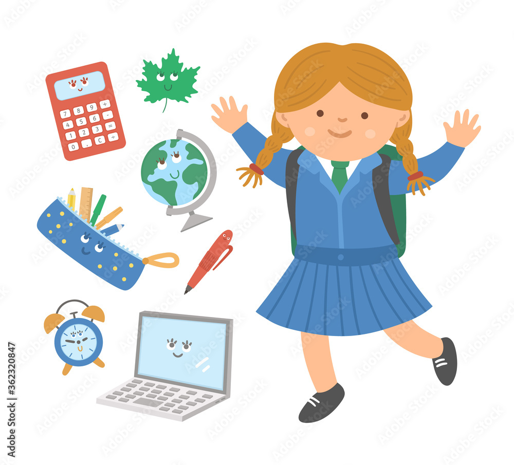 Cute happy jumping schoolgirl with flat style kawaii classroom objects. Back to school vector set of smiling elements with pupil in uniform. Educational illustration for kids.. Cute happy jumping schoolgirl with flat style kawaii classroom objects. Back to school vector set of smiling elements with pupil in uniform. Educational illustration for kids..