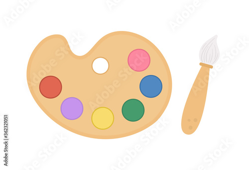 Vector paint palette and brush icon. Colored stationery, drawing materials, office or school supplies isolated on white background. Flat style.