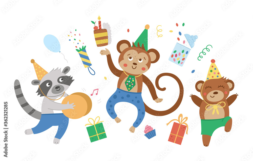 Obraz premium Cute party animals jumping with joy. Funny birthday card or invitation design. Bright vector illustration with sweet characters for kids. Holiday background for children.