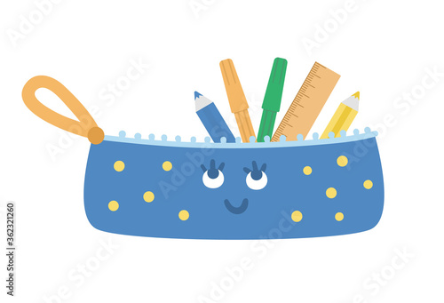Vector kawaii pencil case illustration. Back to school educational clipart. Cute flat style smiling stationery box with ruler, pencils, felt pens. Funny picture for kids.