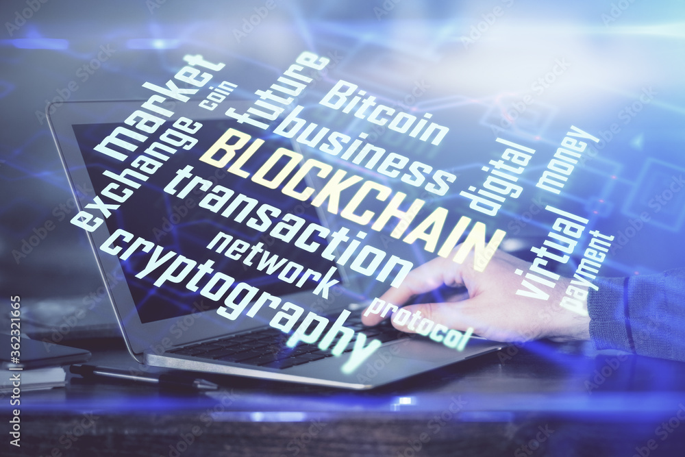 Blockchain theme hud with businessman working on computer on background. Concept of crypto chain. Double exposure. Blockchain theme hud with businessman working on computer on background. Concept of crypto chain. Double exposure.