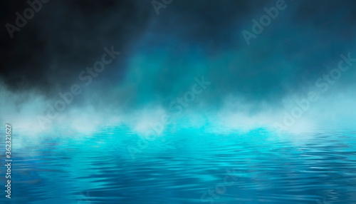 Empty futuristic dramatic fantasy scene. Night marine, underwater abstract background. Abstract dark landscape, street wet, smoke, smog. Neon blue light fluid element. 3D illustration © MiaStendal