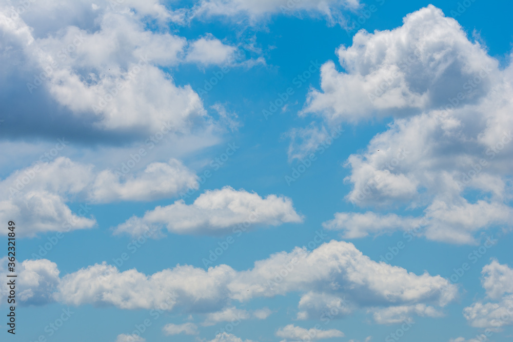 Obraz premium various shape fluffy cummulus clouds accumulating on blue summer sky 