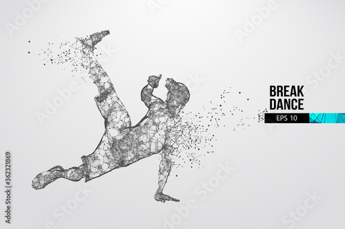 Abstract silhouette of a wireframe breake dancer. Teenager dance hip-hop. Man BBoy from particles on the white background. Convenient organization of eps file. Vector illustartion. Thanks for watching