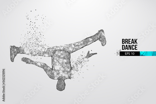 Abstract silhouette of a wireframe breake dancer. Teenager dance hip-hop. Man BBoy from particles on the white background. Convenient organization of eps file. Vector illustartion. Thanks for watching