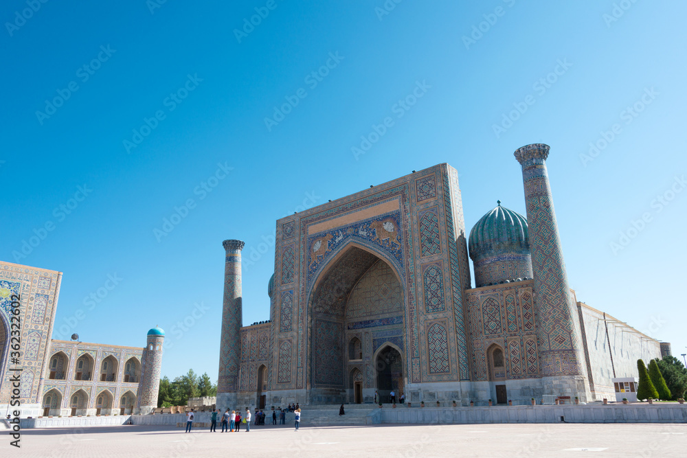 Sher-Dor Madrasa at Registan in Samarkand, Uzbekistan. It is part of the Samarkand - Crossroad of Cultures World Heritage Site.