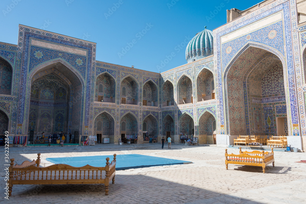 Sher-Dor Madrasa at Registan in Samarkand, Uzbekistan. It is part of the Samarkand - Crossroad of Cultures World Heritage Site.