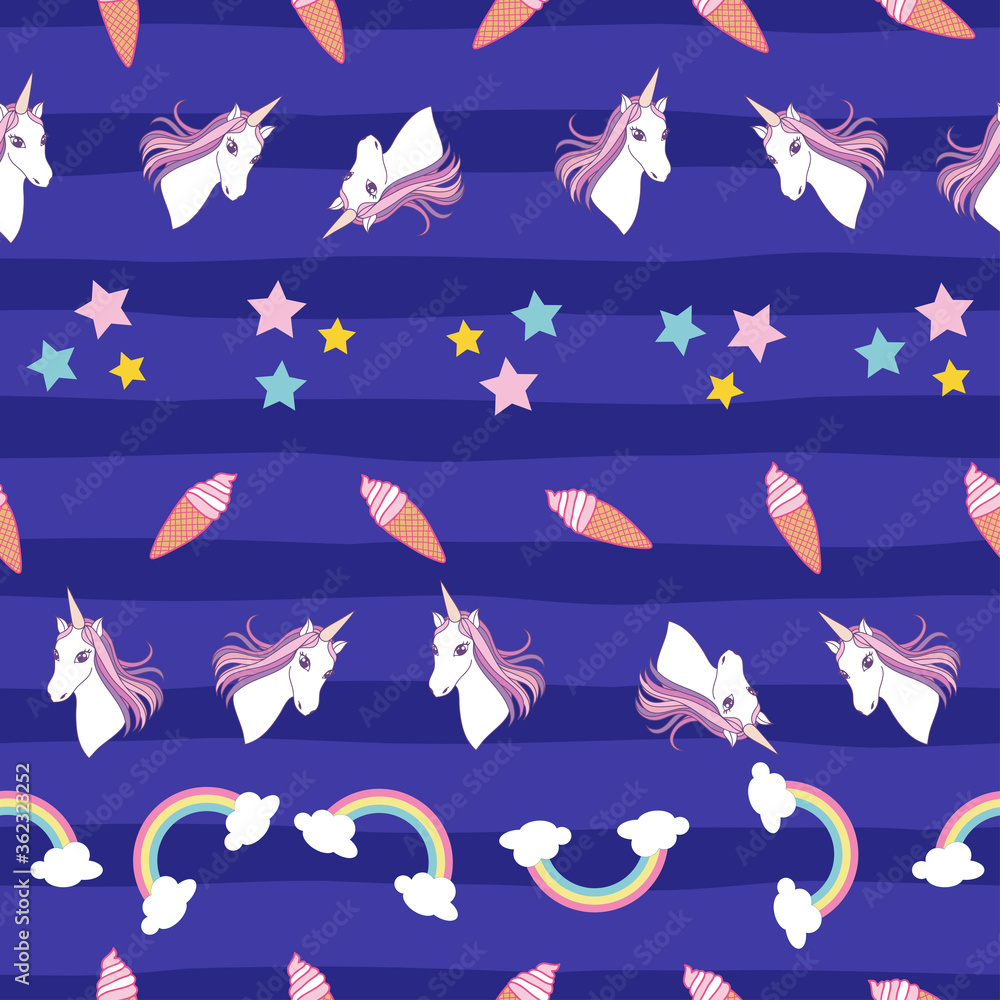 Seamless fantasy pattern unicorns, rainbow, stras and ice cream on purple stripes Seamless fantasy pattern unicorns, rainbow, stras and ice cream on purple stripes