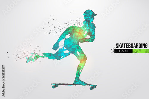 Skateboarding. Abstract silhouette of a wireframe skateboarder from particles on the white background. Convenient organization of eps file. Vector illustartion. Thanks for watching
