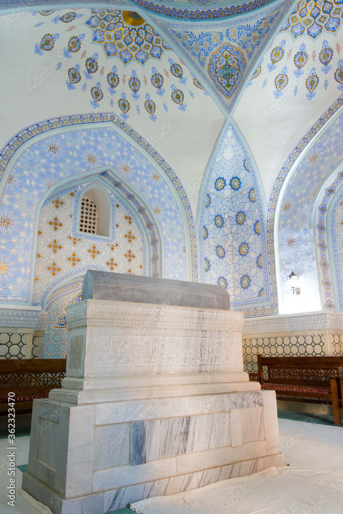 Sheikh Shamsiddin Kulol Mausoleum at Dorut Tilavat Complex in Shakhrisabz, Uzbekistan. It is part of the Historic Centre of Shakhrisyabz World Heritage Site.