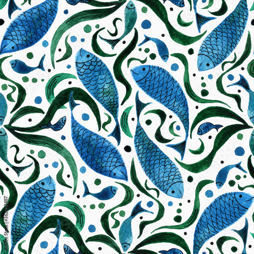 Photography Seamless watercolor pattern, blue fish and green algae.