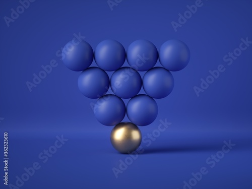 Tela 3d render, abstract geometric design: triangle of blue balls with one golden ball, isolated on blue background