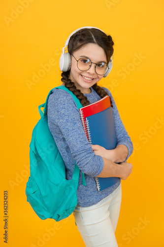 School system functions. Private schooling. Teen with backpack. Cute smiling schoolgirl. Girl little schoolgirl carry backpack. Pupil going to school. Modern schoolgirl daily life. School club