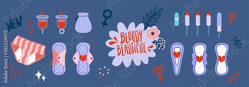 menstruation products for female hygiene, period, icon set